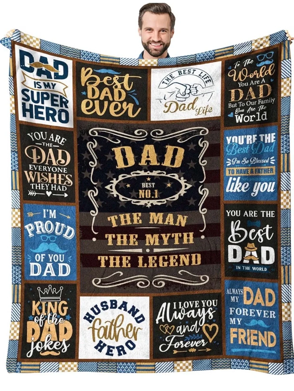 Best Dad Ever Fleece Throw Blanket - Blue, Brown & Cream